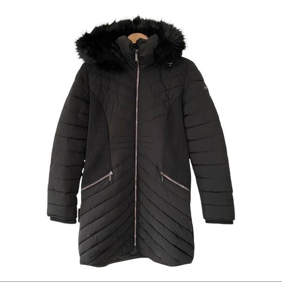 DKNY Long Puffer Jacket Women's quilted stretch panel sides black size large nwt - Picture 4 of 14